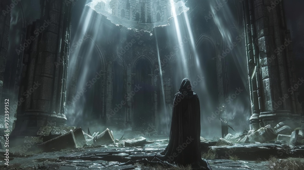Cloaked Figure at Ancient Ruins in Dark Fantasy Atmosphere. Cloaked Figure at Ancient Ruins in Dark Fantasy Atmosphere.