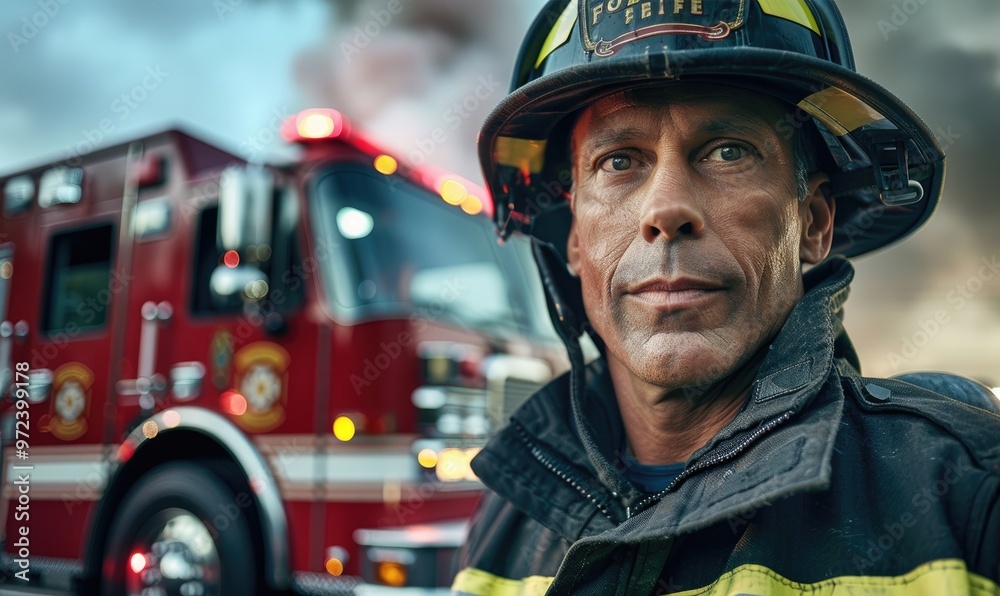 Portrait of a Firefighter Standing Beside a Fire Truck Portrait of a Firefighter Standing Beside a Fire Truck