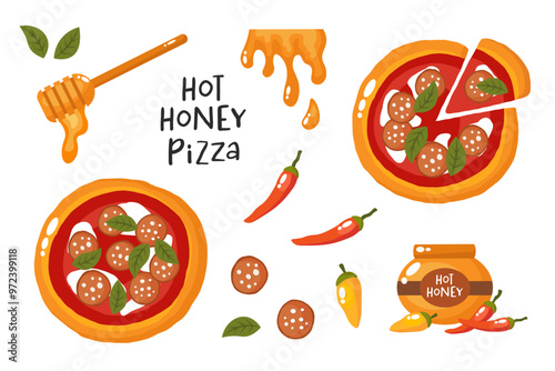 Hot honey or chili honey pizza with honey dipper. Organic Spicy Hot Honey pizza set. Dry chili peppers and bowl. Vector illustration. Banner, poster