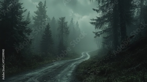 Foggy forest road surrounded by pine trees, eerie and atmospheric
