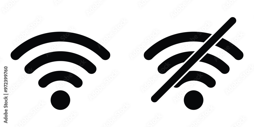 Wi-Fi and no wifi vector icon set. On and no Wi Fi internet signal symbol. Wireless connection sign. Wireless Wi-Fi connectivity. Wi-Fi and no wifi vector icon set. On and no Wi Fi internet signal symbol. Wireless connection sign. Wireless Wi-Fi connectivity.