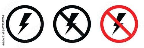 Lightning and no lightning electricity sign vector icon set. Flash and no flash. Blackout symbol, power outage, bright warning.