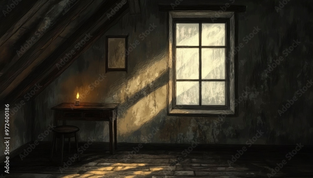 A Single Candle Illuminates a Dark Attic Room with a Window A Single Candle Illuminates a Dark Attic Room with a Window