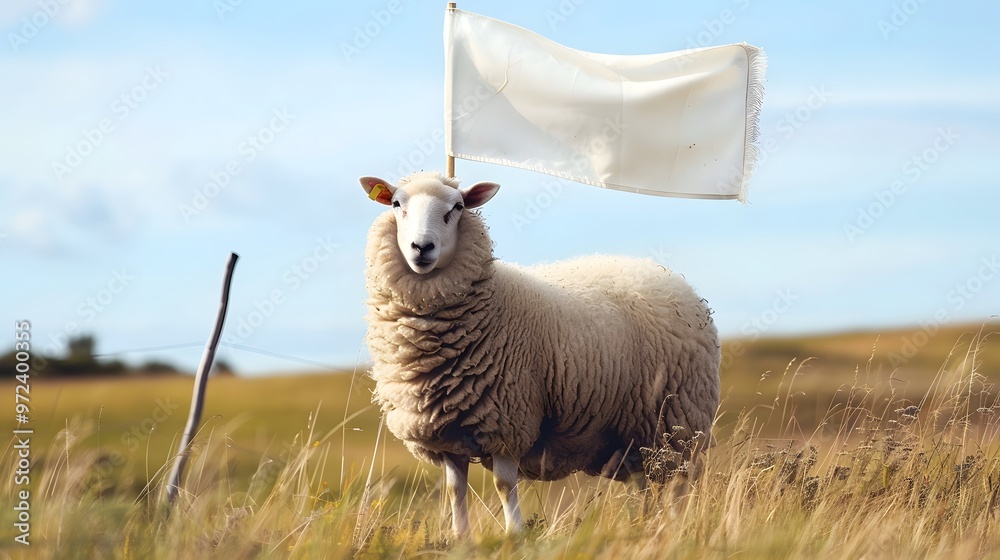 Fototapeta premium Sheep with White Flag: A fluffy sheep standing in a meadow, holding a white flag with its mouth. 
