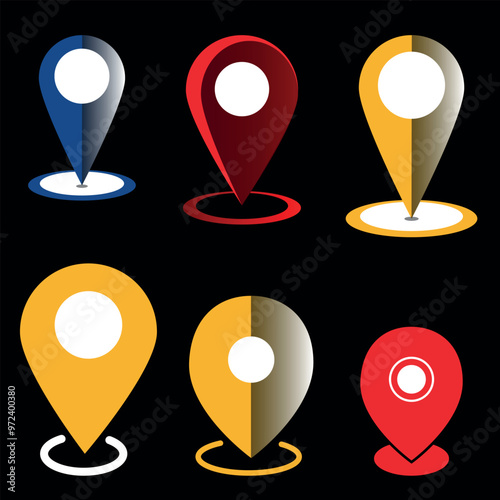 Red Location Pin Icon Set, Map Pointer and Navigation Symbols in Flat Style,Location icon set, Map pin place marker. location pointer icon symbol in flat style. Red Location pin icon, Navigation sign.