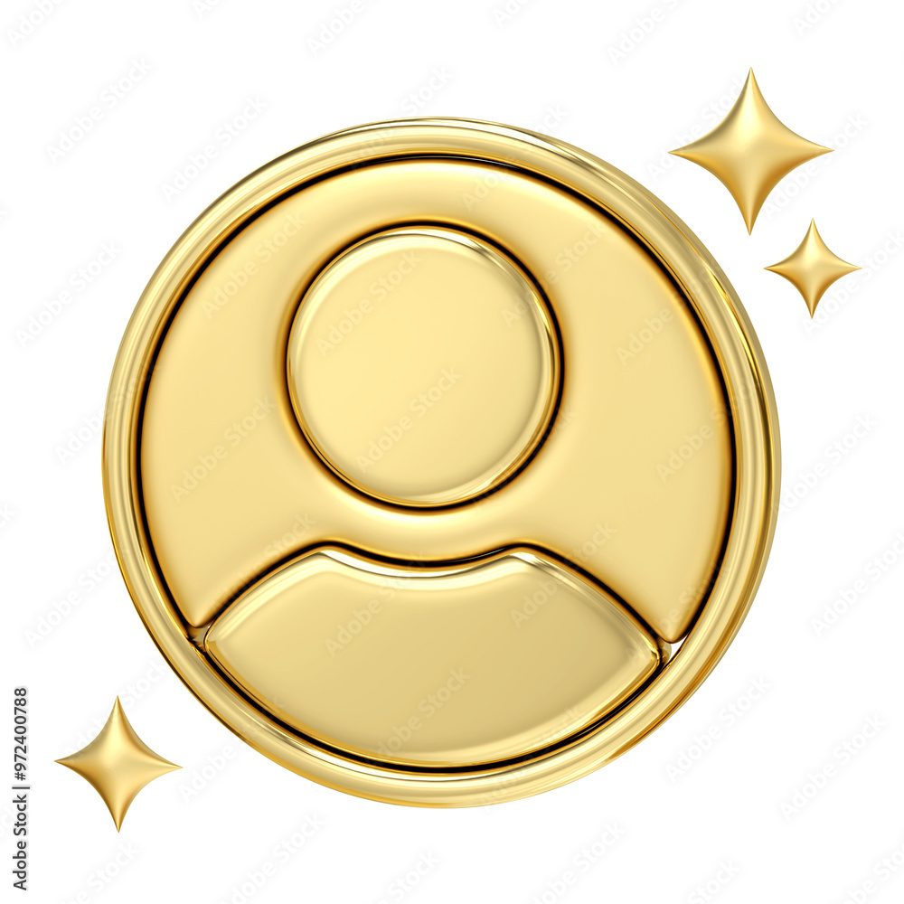 Golden User Icon, A gleaming, three-dimensional gold icon of a user, adorned with sparkling stars, evokes a sense of prestige, value, and premium service, 3d rendering