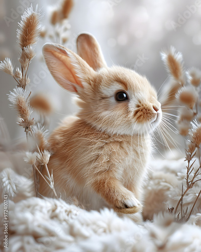  Cute baby rabbit sitting in snow adorable winter wildlife closeup fluffy animal detailed portrait nature scene isolated outdoors small bunny natural beauty cold environment fur-covered photo