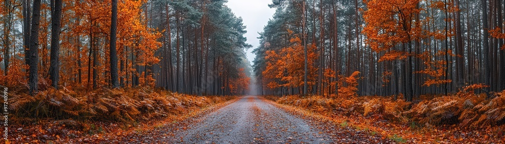 Autumn leaves covering a road in pine forest, vibrant and colorful Autumn leaves covering a road in pine forest, vibrant and colorful