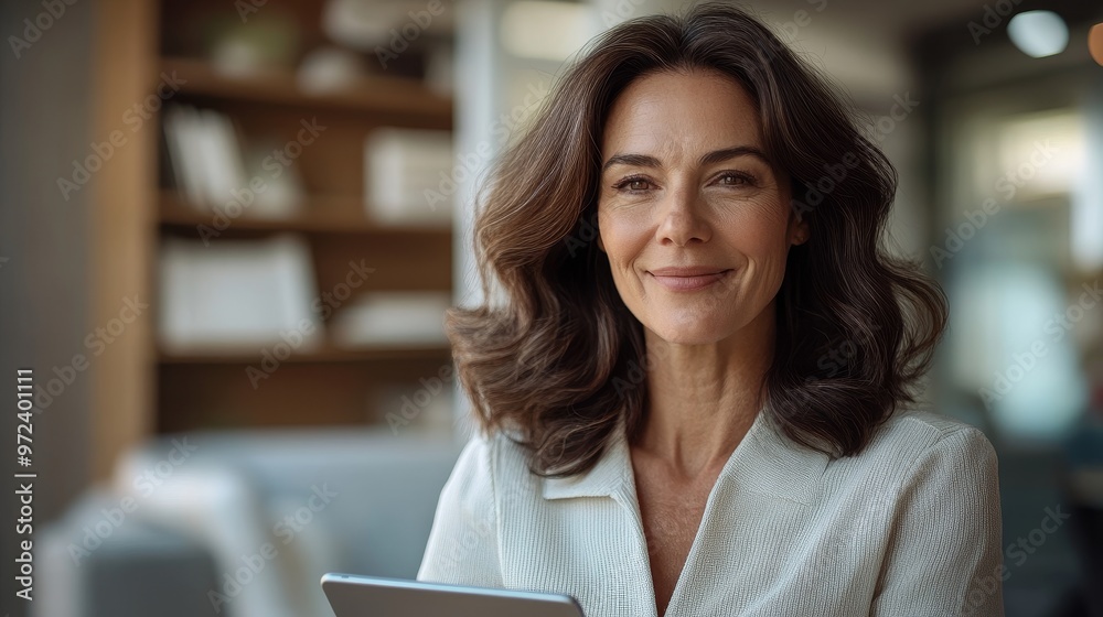 Serene Middle-Aged Businesswoman with Tablet in Modern Office - Hyper-Realistic Portrait Captured in Soft Natural Light Serene Middle-Aged Businesswoman with Tablet in Modern Office - Hyper-Realistic Portrait Captured in Soft Natural Light