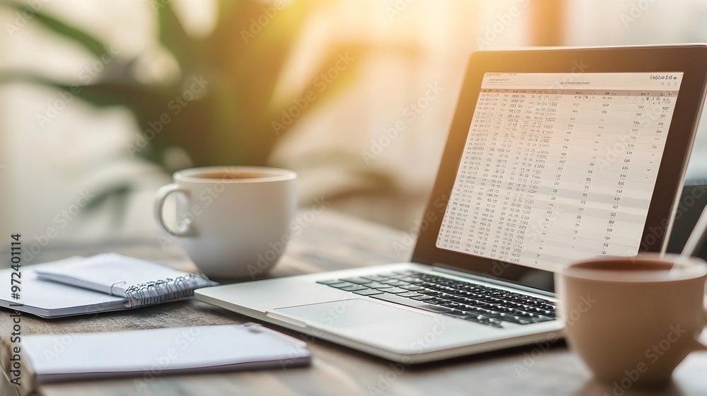 Monthly Budget Spreadsheet on Laptop Screen with Coffee Cup and Notepad Monthly Budget Spreadsheet on Laptop Screen with Coffee Cup and Notepad