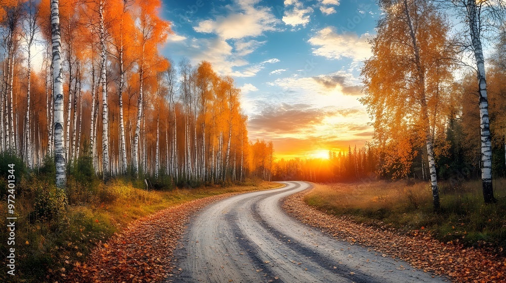 Obraz premium The road is lined with birch trees, the sunset's glow illuminates the autumn leaves on the ground