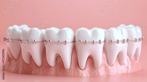 Close-up of a straightened smile featuring braces on healthy, white teeth against a soft pink background.