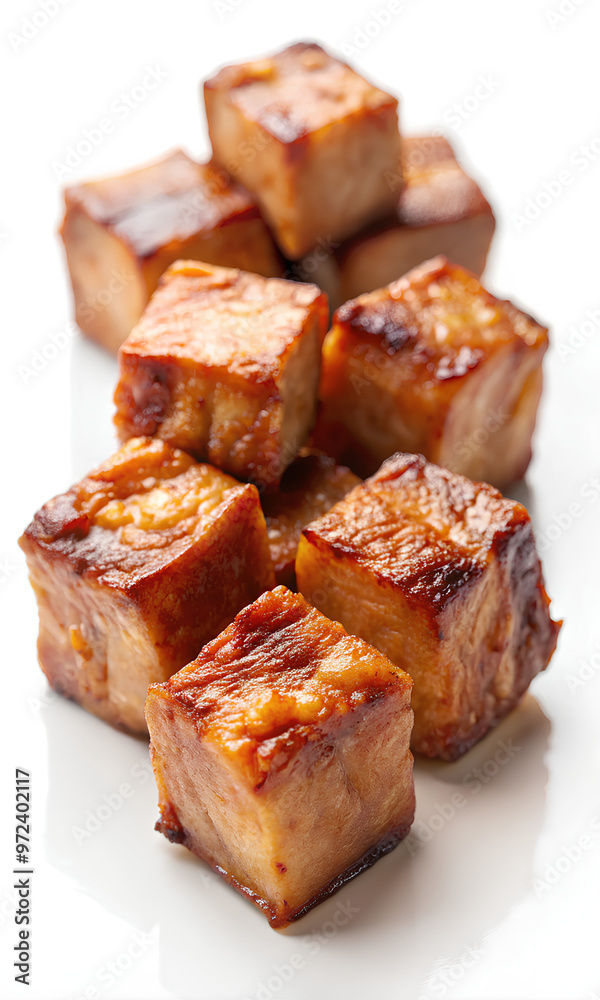 Pork cubes Roasted isolated on white background, Clipping path, Selective ficus Pork cubes Roasted isolated on white background, Clipping path, Selective ficus