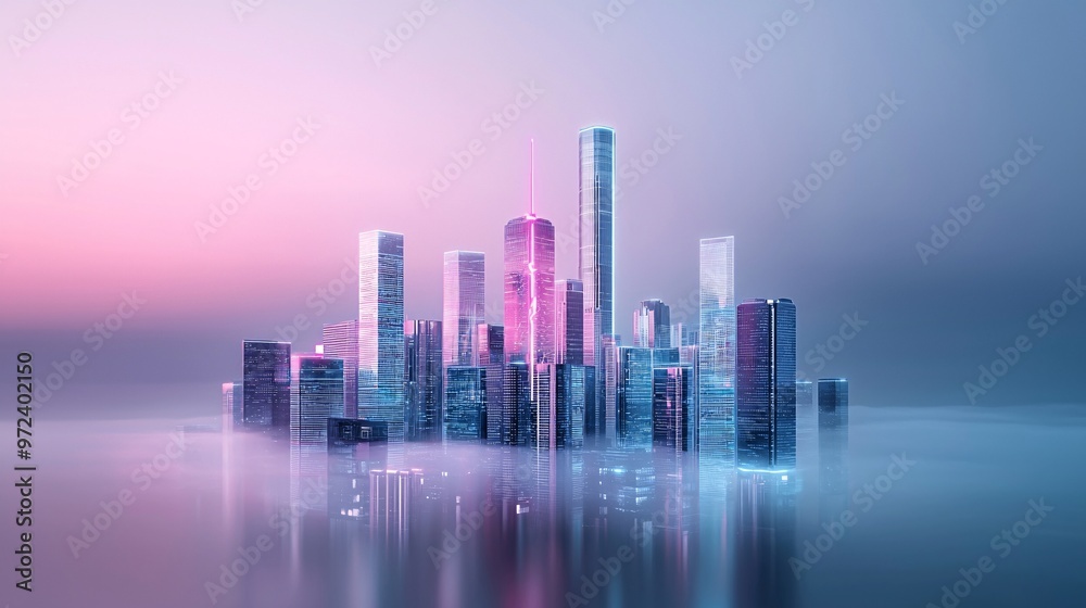A digital artwork using chrome effects to depict a futuristic city skyline under a neon-lit sky, A digital artwork using chrome effects to depict a futuristic city skyline under a neon-lit sky,