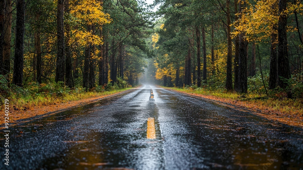 Naklejka premium Quiet road after rain in pine forest, fresh and rejuvenating