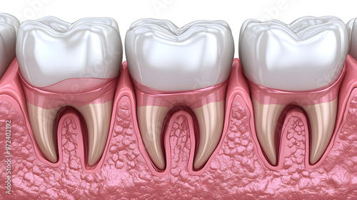 Close-up view of healthy human teeth and gums showing detailed anatomy of dental structures.