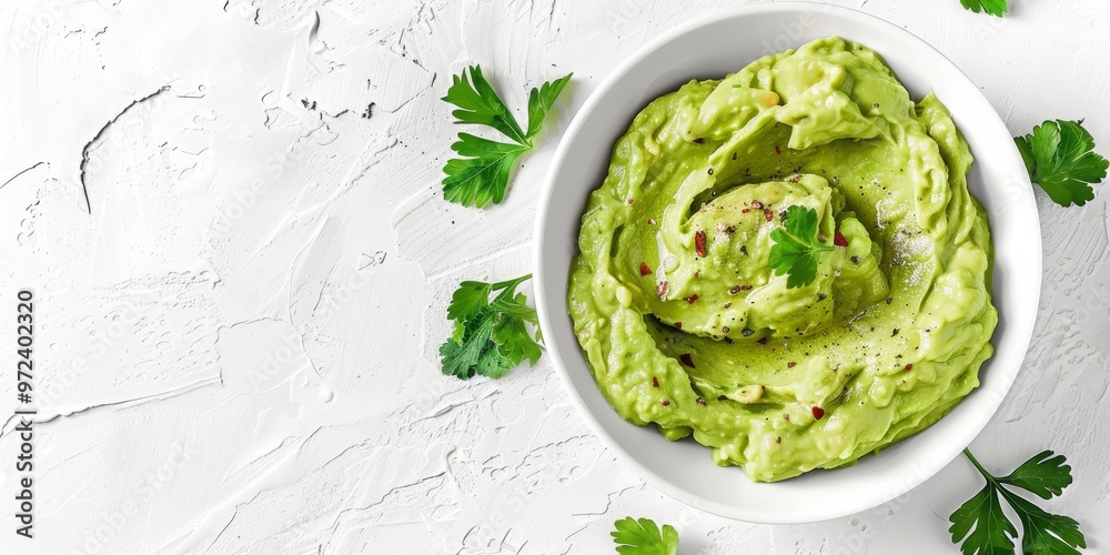 Guacamole elegantly presented in a white bowl from a top-down view, isolated against a white background with ample copy space.