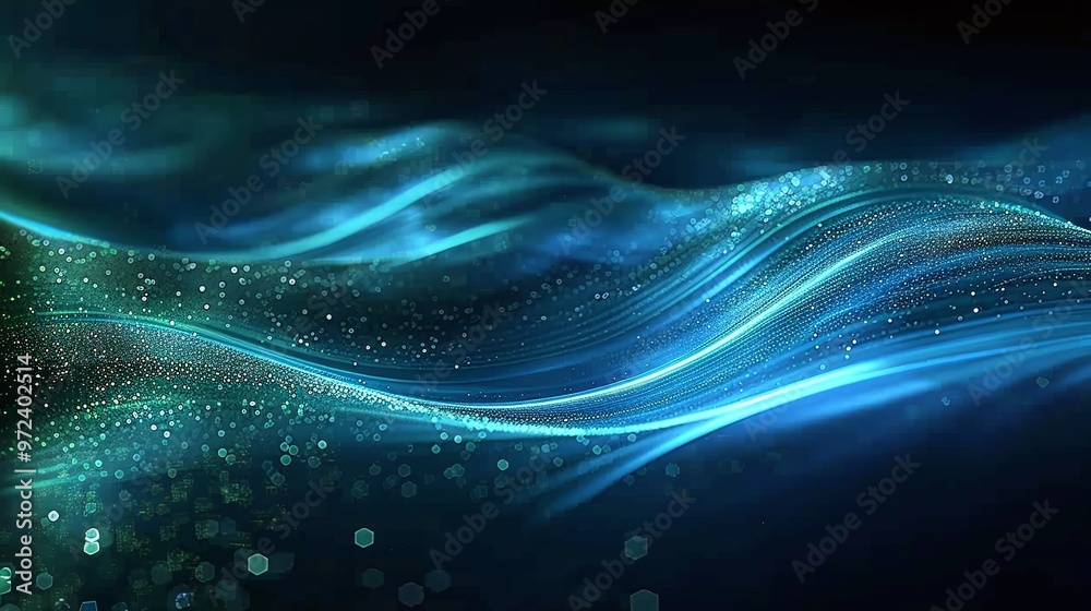 Fototapeta premium Mesmerizing blue waves with sparkling particles, ideal for backgrounds or abstract themes in digital design. Product presentation background.
