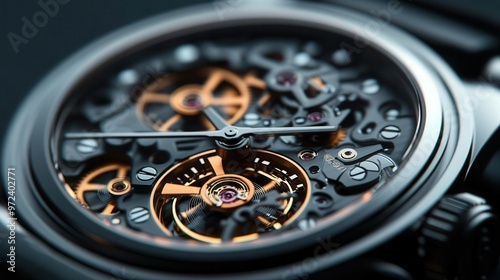 Craft an ultra-realistic render of a high-end watch mechanism under magnification for a product testing visual Emphasize intricate details and metallic textures