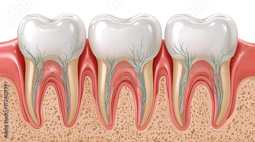 Illustration of human teeth anatomy showing roots and gums, highlighting dental health and structure for educational purposes.