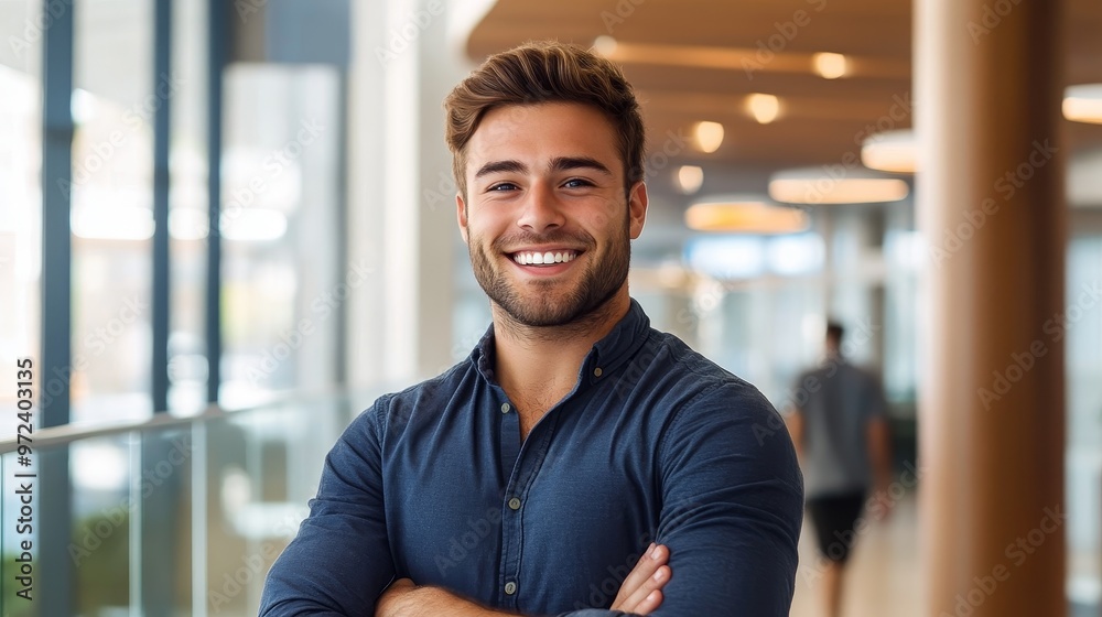 Obraz premium Confident Young Man Smiling in Bright Office Lobby with Flawless Teeth and Natural Look Hands