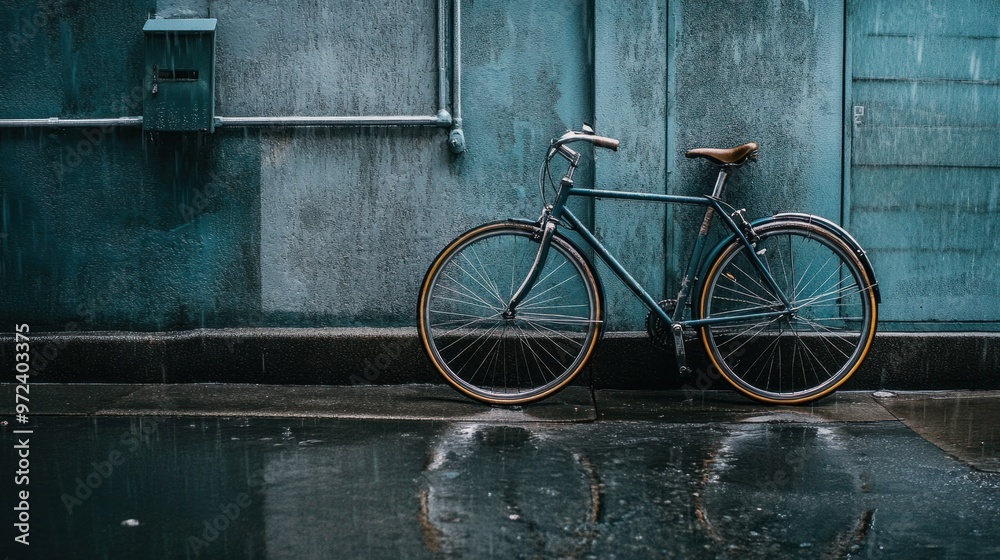 A bicycle parked against a wall, covered in rain, with puddles forming on the wet pavement around it A bicycle parked against a wall, covered in rain, with puddles forming on the wet pavement around it