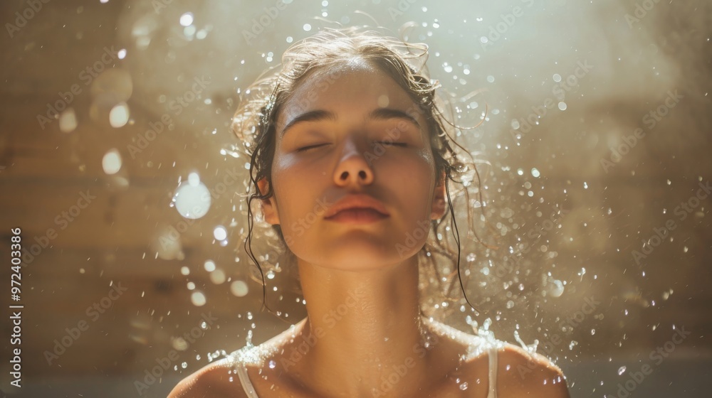 Fototapeta premium Close-up of a serene young woman with closed eyes, her wet hair glistening in the soft, golden light. The bokeh-filled background adds a peaceful, meditative atmosphere