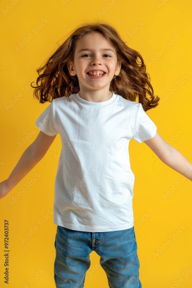 Smiling Child in White T-Shirt on Vibrant Color Background