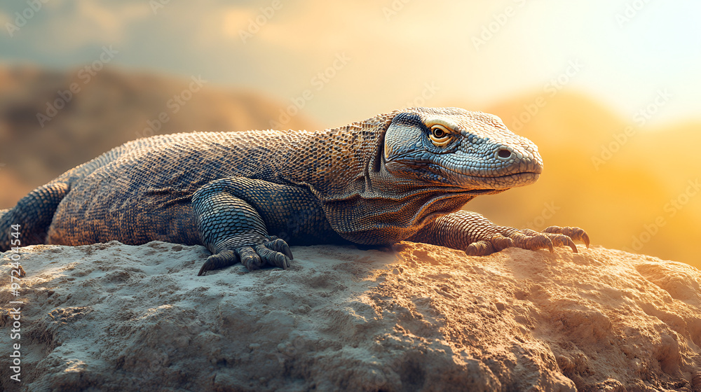 A fierce Komodo dragon basking on a sunlit A fierce Komodo dragon basking on a sunlit