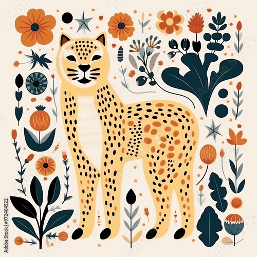 Nordic folk art inspired poster with leopard and flowers. photo