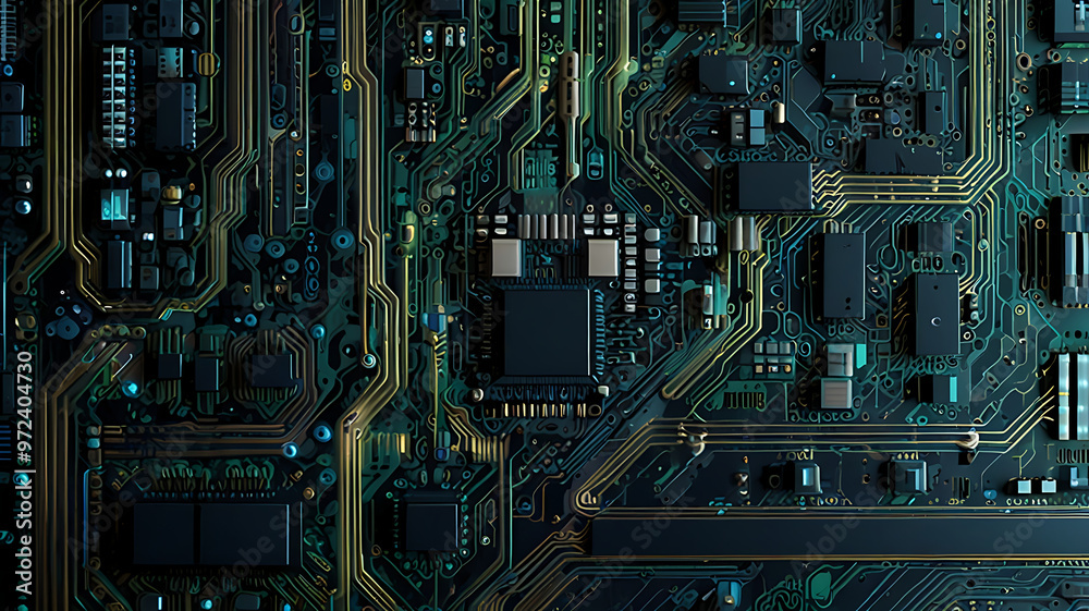 A detailed and complex circuit board with an illuminated processor file in the center – a design that visually represents the complexity of modern electronics and the power of everyday devices A detailed and complex circuit board with an illuminated processor file in the center – a design that visually represents the complexity of modern electronics and the power of everyday devices