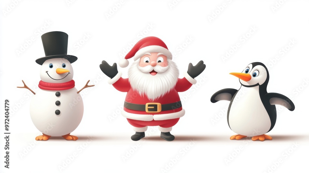 Holiday vector set featuring Santa Claus, snowman, and penguin, each in a funny, Holiday vector set featuring Santa Claus, snowman, and penguin, each in a funny,