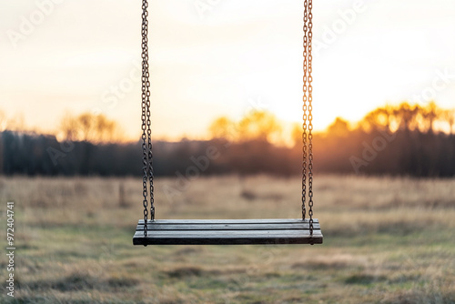 A serene swing hanging in a field during sunset, evoking feelings of nostalgia and tranquility in nature's embrace.