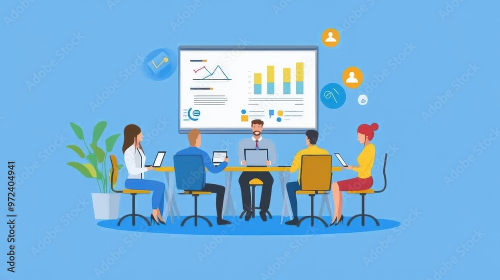 Illustration of a business meeting with a coach in flat design, focusing on training and Illustration of a business meeting with a coach in flat design, focusing on training and