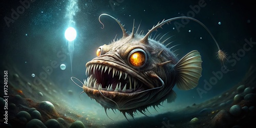 A menacing anglerfish with razor-sharp teeth and glowing bioluminescent lures hovering in dark, eerie waters, its photo