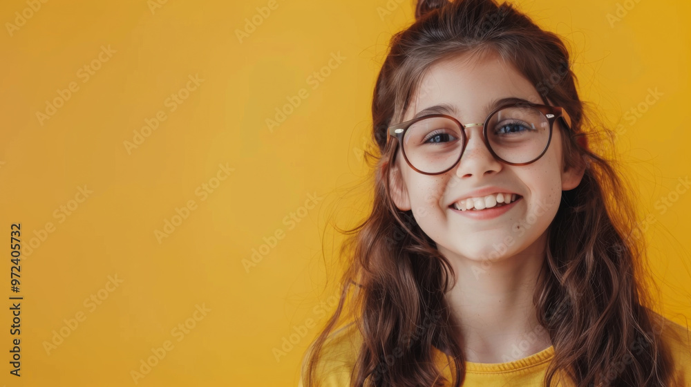 Portrait of a smiling girl in glasses on a yellow background. Teenager posing indoors. Lifestyle. Portrait of a smiling girl in glasses on a yellow background. Teenager posing indoors. Lifestyle.