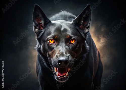 A menacing, black dog with glowing red eyes and sharp teeth snarls ominously in the dark, casting a photo