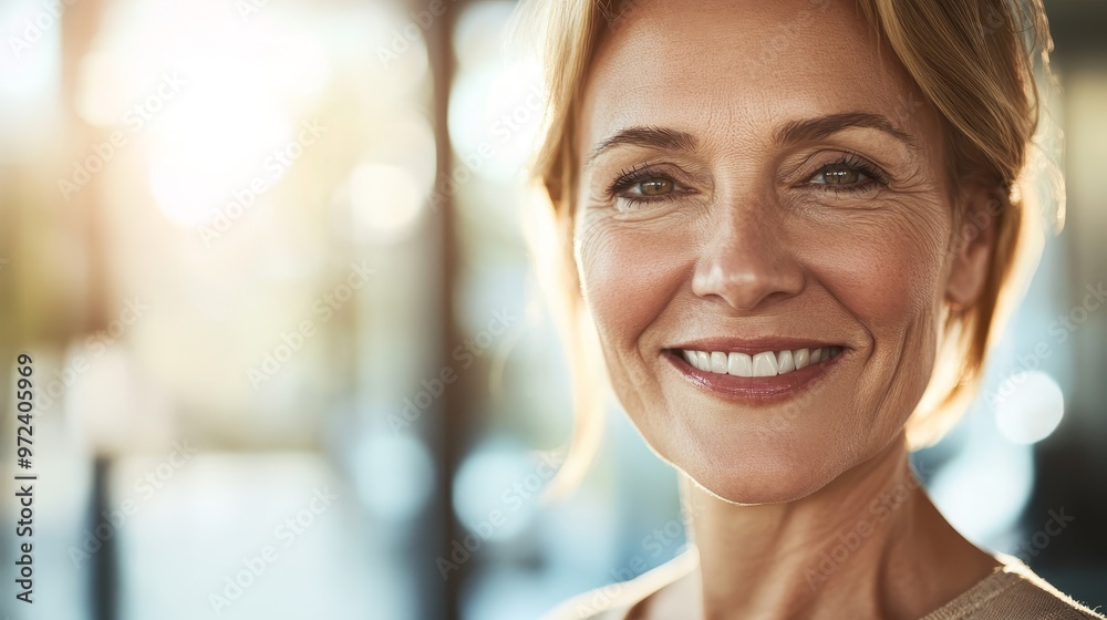 Radiant Middle-Aged Businesswoman Smiling in Modern Office Setting Radiant Middle-Aged Businesswoman Smiling in Modern Office Setting