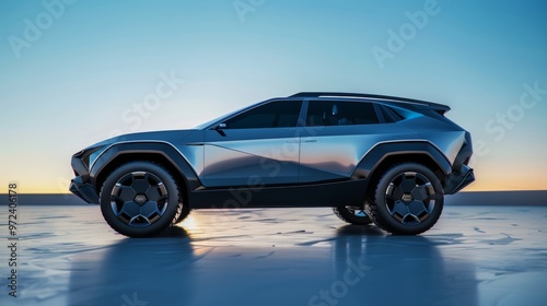 high-resolution technical design of an electric suv concept car in motion, matte gray color with large black plastic wheels, side view profile on white background, minimalist futuristic design