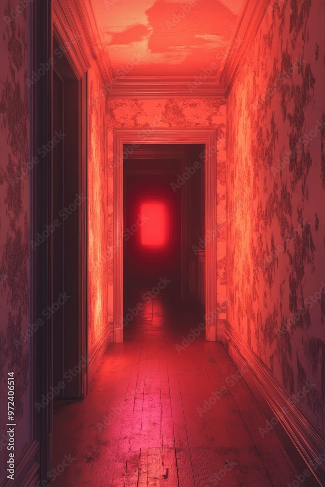 Red-Lit Hallway with a Doorway Leading to an Unknown Space Red-Lit Hallway with a Doorway Leading to an Unknown Space