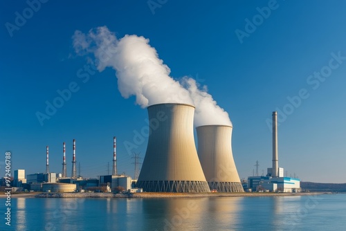 Cooling towers release steam at a nuclear power plant beside a calm river under a clear blue sky during the afternoon