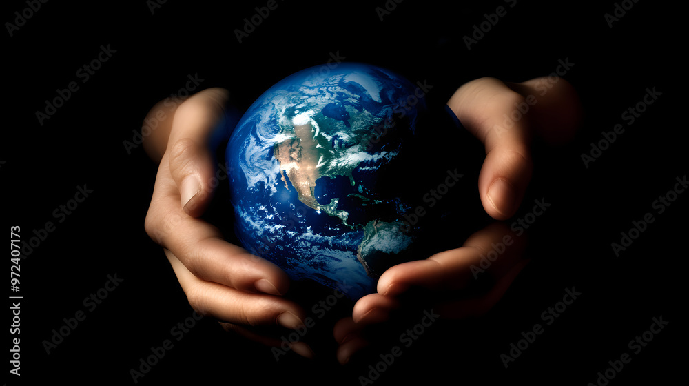 Close-up of hands gently holding a globe with a focus on North and South America showcasing unity and care for the planet Close-up of hands gently holding a globe with a focus on North and South America showcasing unity and care for the planet