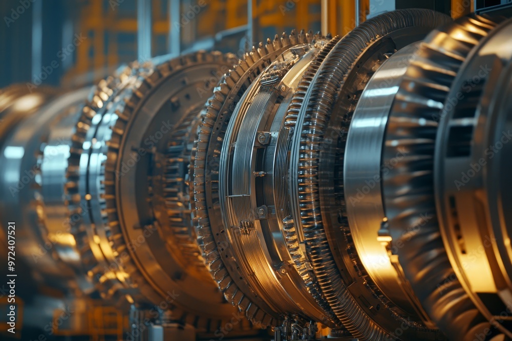 Complex machinery in a modern manufacturing facility showcasing intricate gears and turbine components during the late afternoon Complex machinery in a modern manufacturing facility showcasing intricate gears and turbine components during the late afternoon