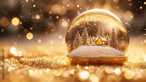 Golden snow globe with a festive scene inside, surrounded by gold glitter that swirls beautifully when shaken. 4K hyperrealistic photo.