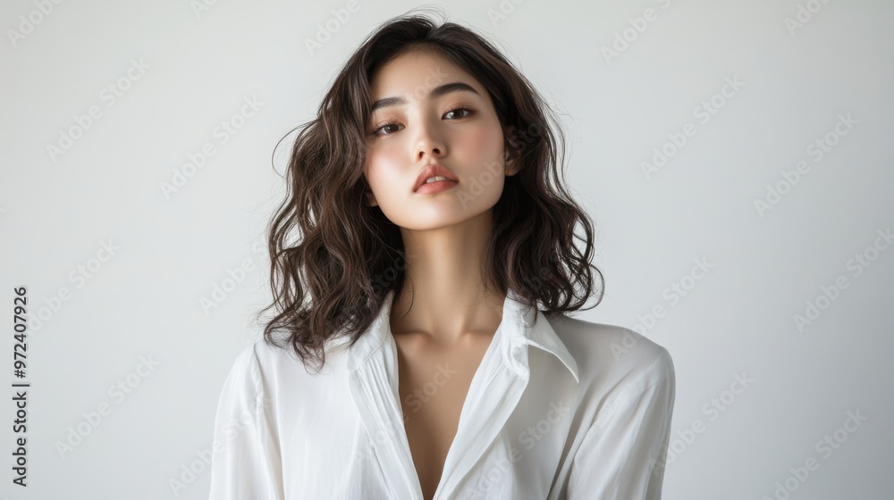 Japanese female model standing with a thoughtful gaze, set against a white Japanese female model standing with a thoughtful gaze, set against a white