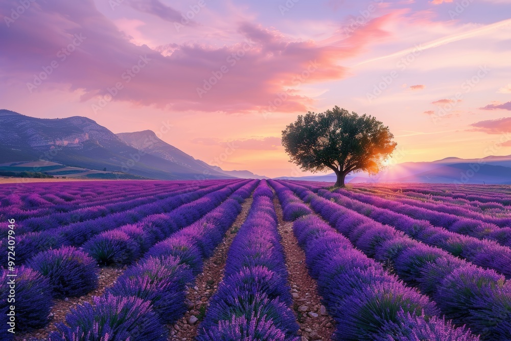 Enchanting Lavender Field in Provence with Rows of Purple Flowers. Enchanting Lavender Field in Provence with Rows of Purple Flowers.