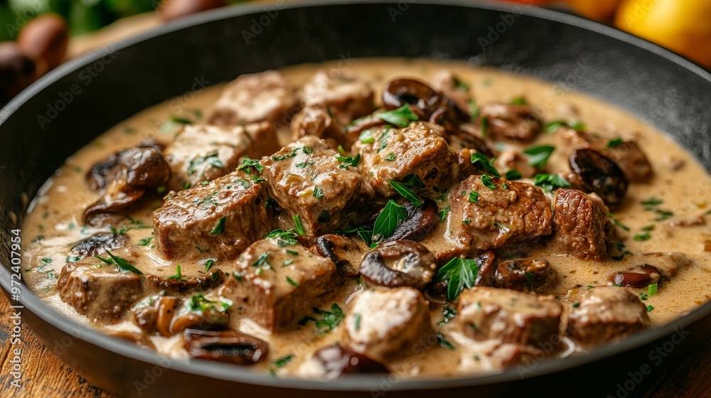 delicious beef stroganoff - veal strips stewed with porcini in sour cream sauce sprinkled with finely chopped parsley on skillet, authentic recipe, view from delicious beef stroganoff - veal strips stewed with porcini in sour cream sauce sprinkled with finely chopped parsley on skillet, authentic recipe, view from