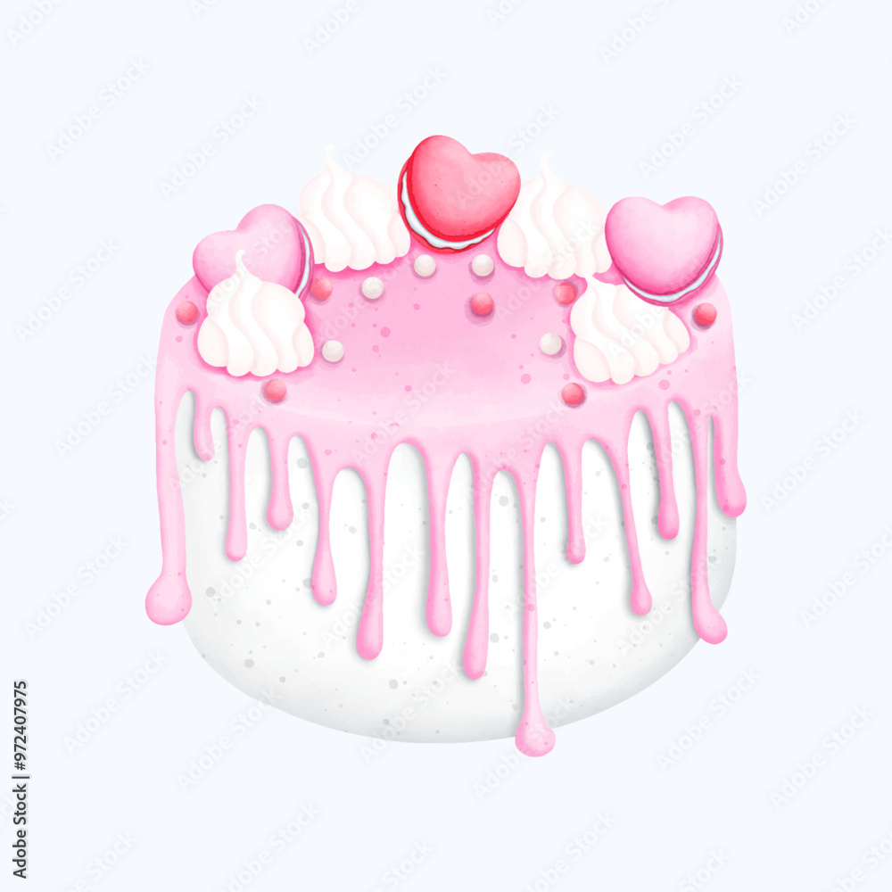 Cute Hand Drawn Watercolor macaron Cake Art | Pink Festive Cake Illustration with Sweet Berries and Frosting