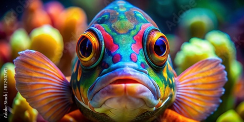 A mesmerizing close-up of a colorful fish's gaze, its large, round eyes fixed intensely on the camera lens, photo