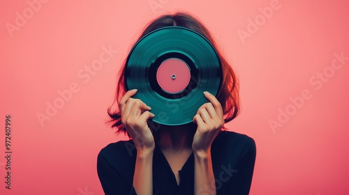 Mysterious Woman Listening to Music with a Vintage Gramophone Generative AI